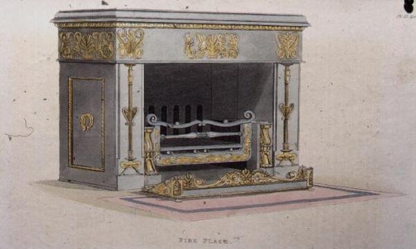 1825年に出版された「アッカーマンの芸術のリポジトリ」の152番プレート「ファイアープレート」（カラーリトグラフ） 作： 英語学校