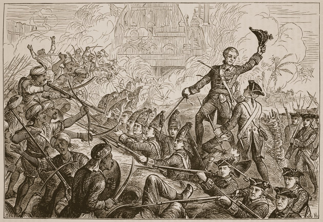 タンジョールのリダウトのフレッチャーズの防御、ジェームズ・グラントによるパブのCassells Illustrated History of Indiaのイラスト。 1879 作： 英語学校