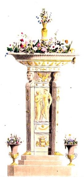 1822年に出版されたアッカーマンの「芸術、文学、商業、製造、ファッション、政治のリポジトリ」のプレート125「フラワースタンド」（カラーリトグラフ） 作： 英語学校