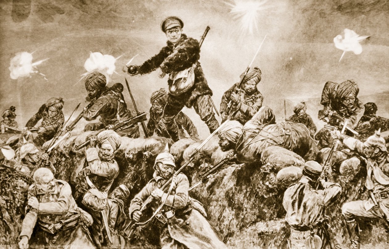 ラージ帝国の栄光のために：1915年3月、ヌーブシャペルでドイツ軍の塹壕を埋めているインド軍 作： 英語学校