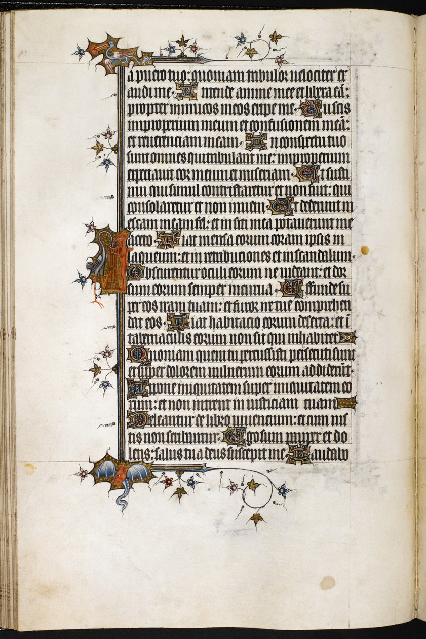 MS Egerton 3277、f.47v、「Bohun Psalter」（ベラム）の境界の詳細にあるキツネとコウノトリ 作： 英語学校