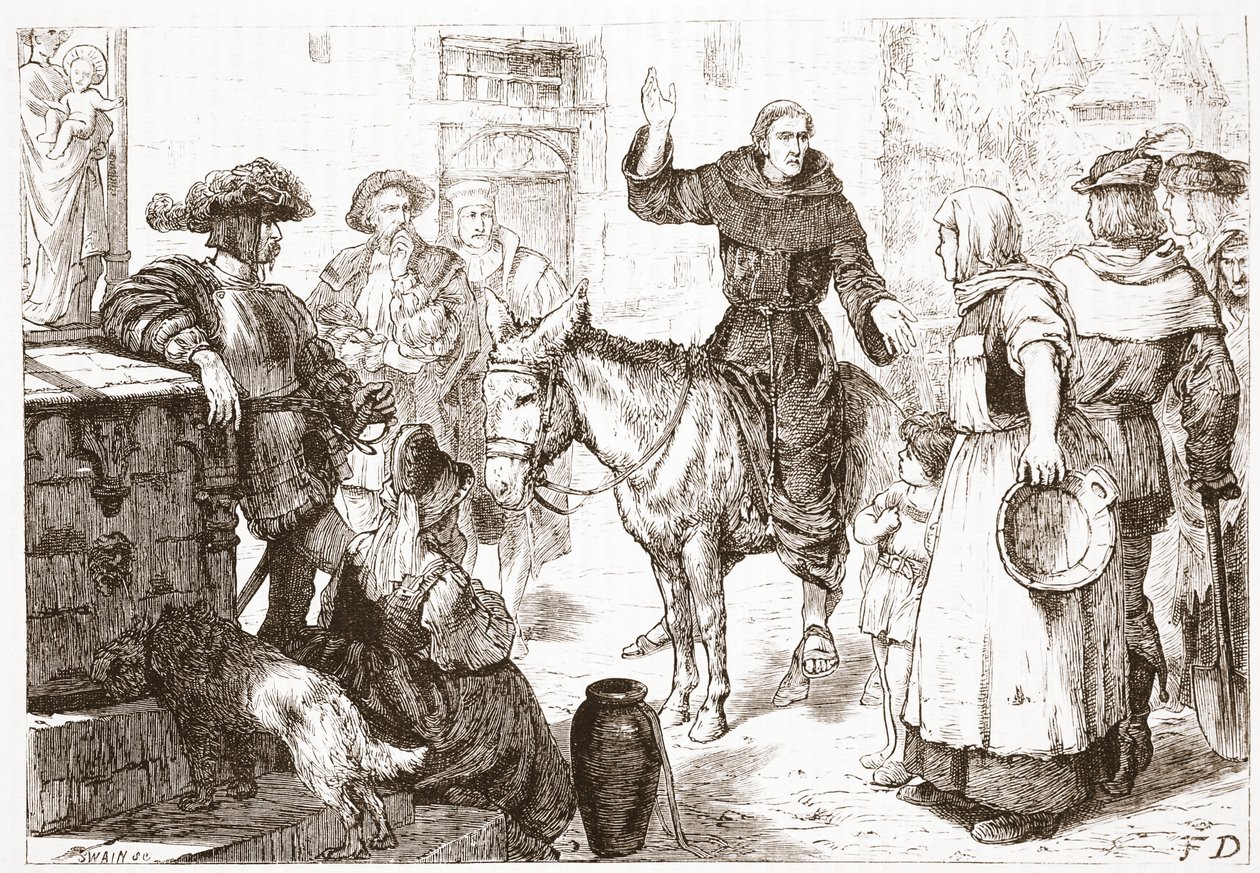 フランシス・ランバートの説教、ジェームズ・エイトケン・ワイリー（1808-1890）によるパブのプロテスタンティズムの歴史からのイラスト。 1878 作： 英語学校