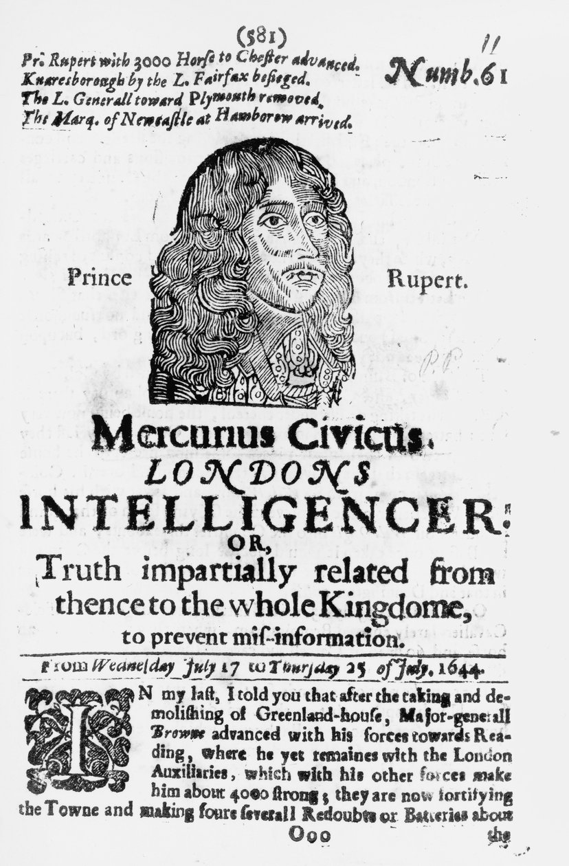 1644年に公開されたMercurius Civicusのフロントページ 作： 英語学校