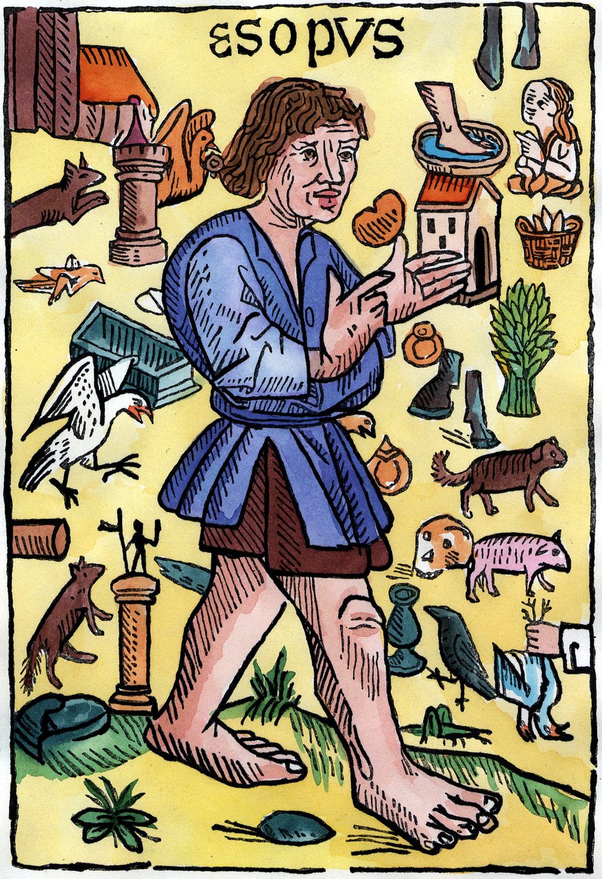 ウィリアム・カクストン(1422? - 1491)がイギリスで印刷したイソップ寓話集の扉絵。 作： 英語学校