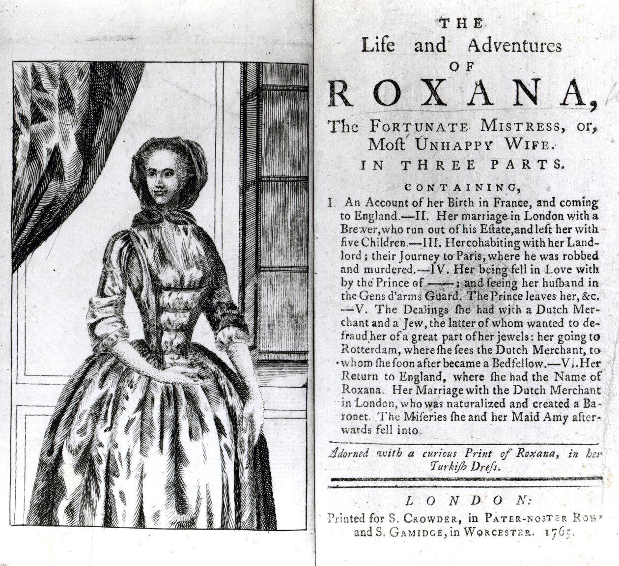 1765年に発行されたDaniel Defoeによるロクサナの人生と冒険のフロントピースとタイトルページ 作： 英語学校