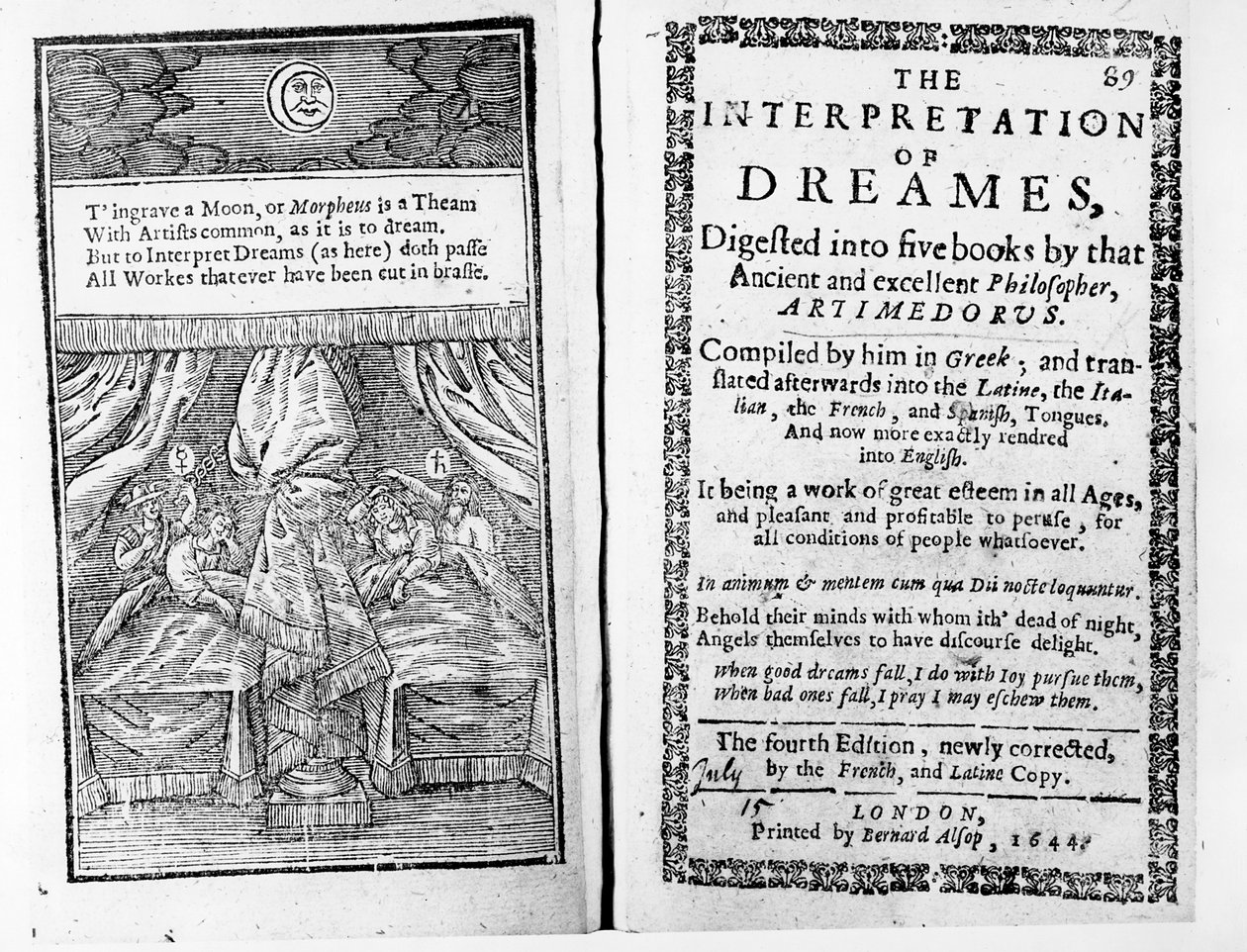 Artemidorusによる「夢の解釈」のフロントピースとタイトルページ、1644年に発行された英語版 作： 英語学校