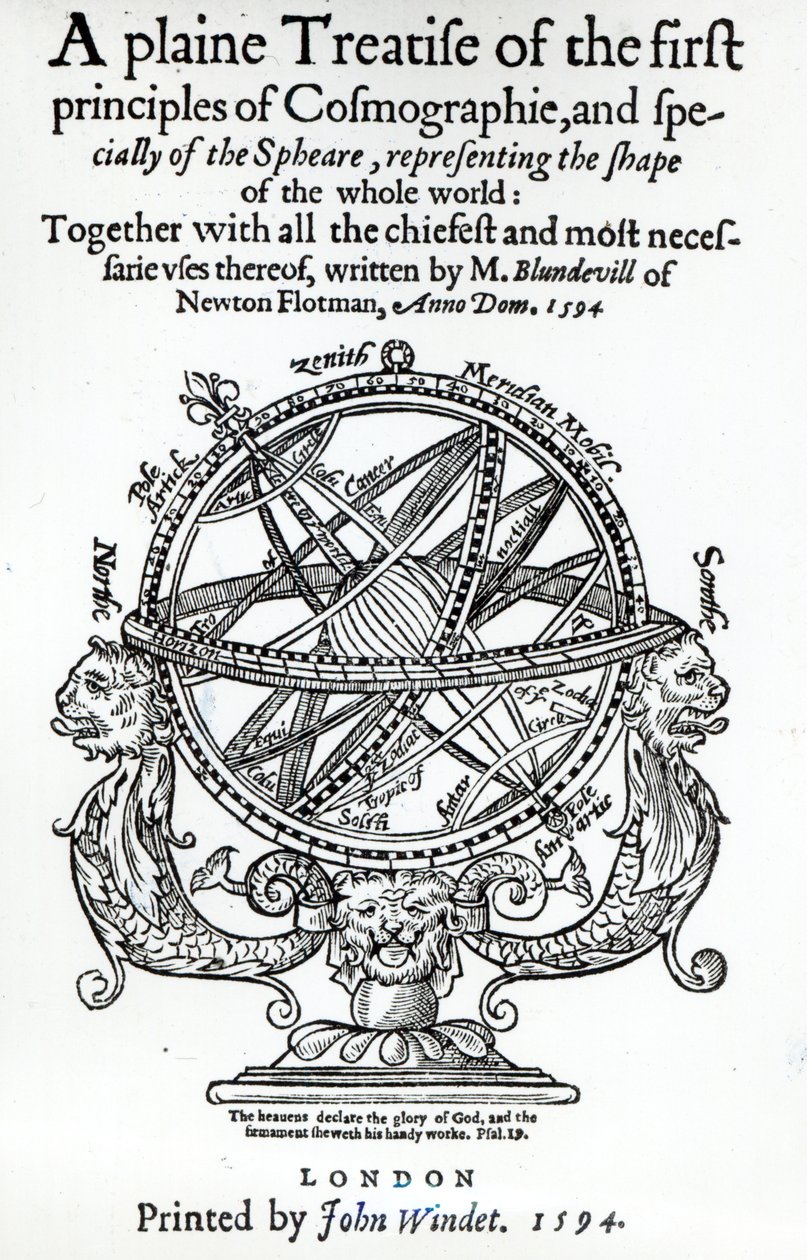1594年に出版されたThomas BlundevilleによるCosmographieの第一原理の明白な扱いからのFrontispiece 作： 英語学校