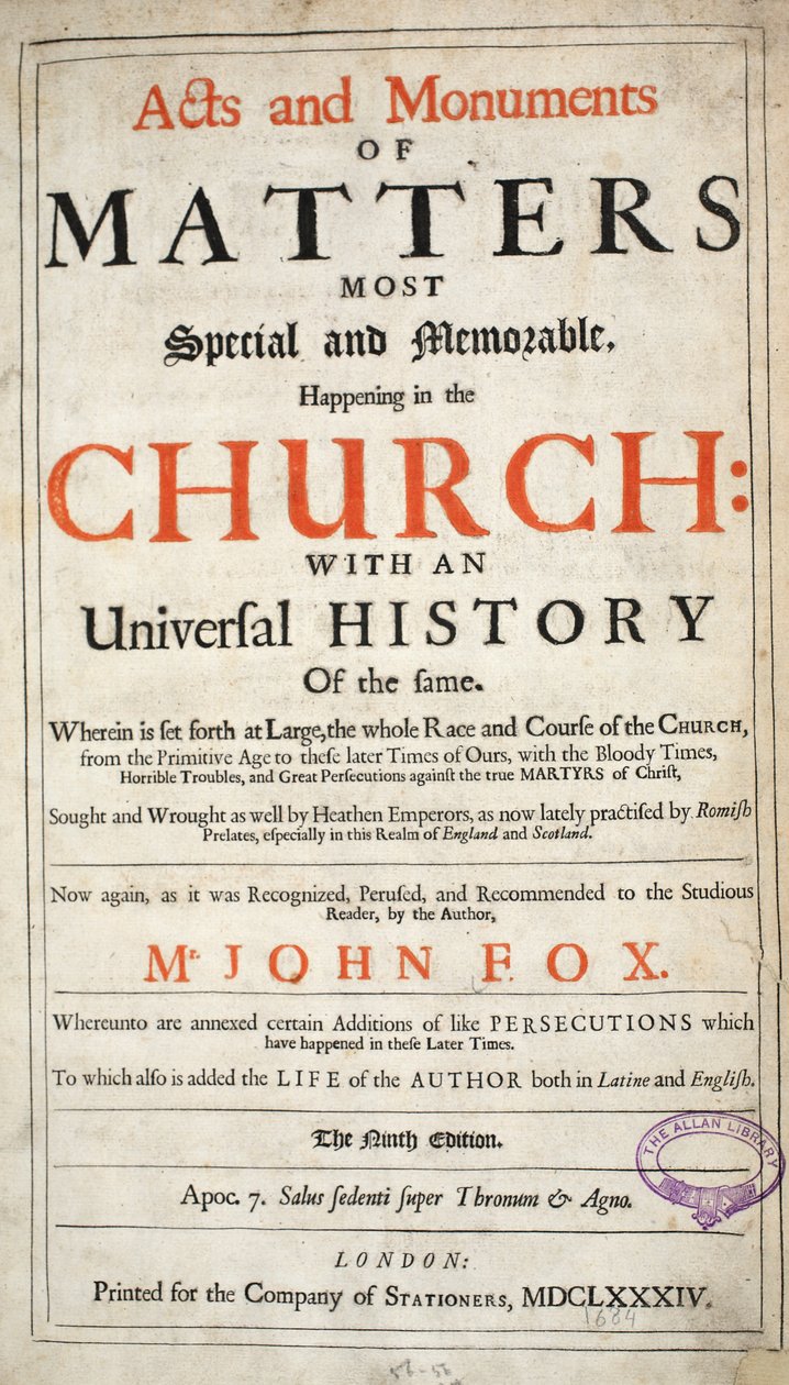 演劇と記念碑のジョン・フォックスによる第9版、パブのFrontispiece。 1684 作： 英語学校