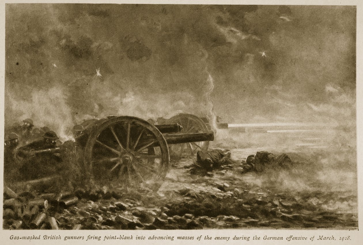 1918年3月のドイツ軍の攻勢、1918年から1919年の間に、ガスはイギリス軍の砲手がポイントブランクで敵の進行中の大衆に発砲した 作： 英語学校