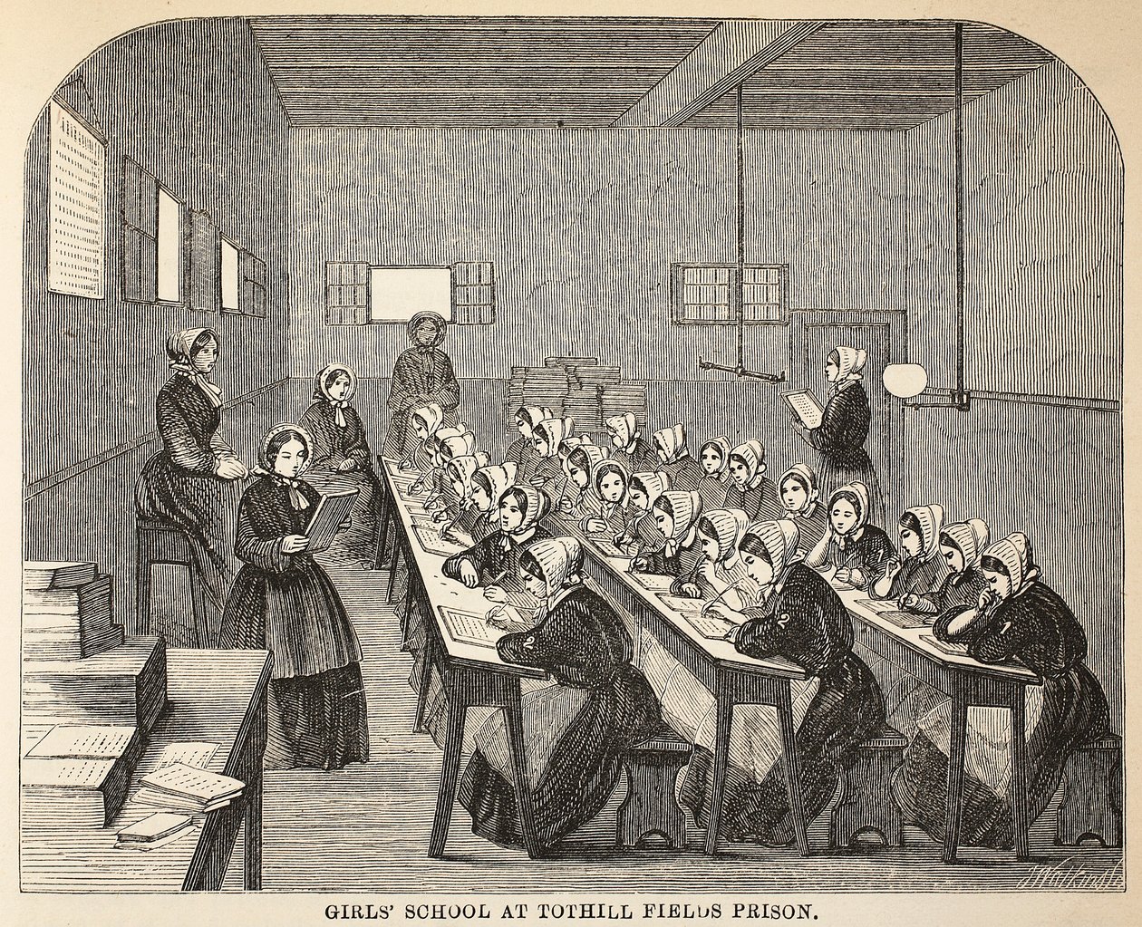 Tothill Fields Prisonの女子校、ロンドンの刑務所刑務所のイラスト、Henry MayhewとJohn Binnyによる刑務所の生活の情景。 1862 作： 英語学校