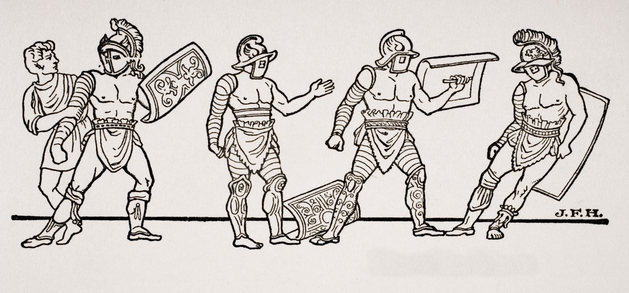 ポンペイの壁画からの剣闘士、1820年に出版されたHGウェルズの歴史の概要、第1巻のイラスト 作： 英語学校