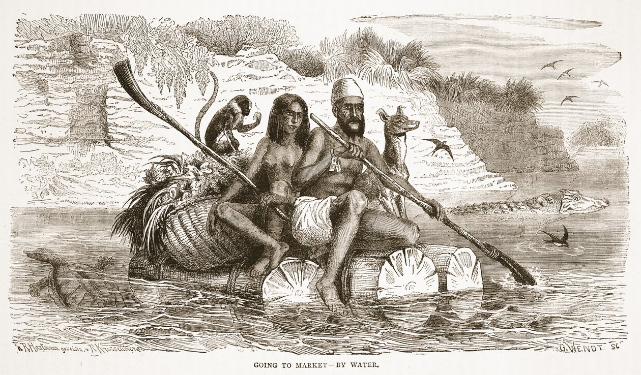 J.ユーイングリッチーによるパブのThe Pictorial Edition of the Life and Discoveries of David Livingstoneのイラストを水で市場に出します。 A. Fullarton＆Co.、1876年 作： 英語学校