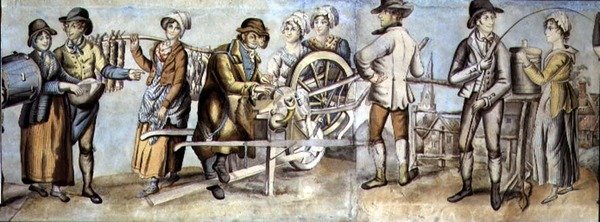フェアに行く、ナイフグラインダーと商人と女性の詳細、c.1815（紙にガッシュを付けたトイレ）（107509および107510も参照） 作： 英語学校