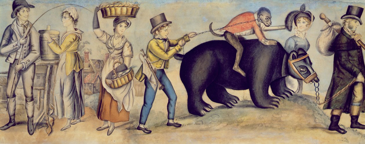フェアに行く、パフォーマンスするクマとサルの詳細、1815年 作： 英語学校