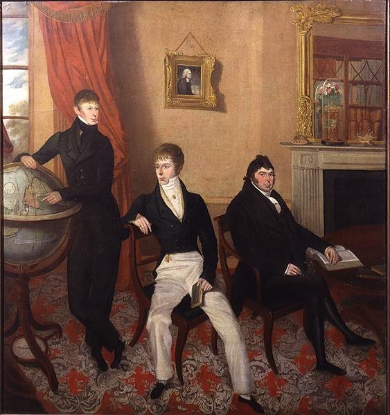 凝った居間のインテリアにいる3人の男性のグループポートレート」1825年頃（油彩・キャンバス） 作： 英語学校