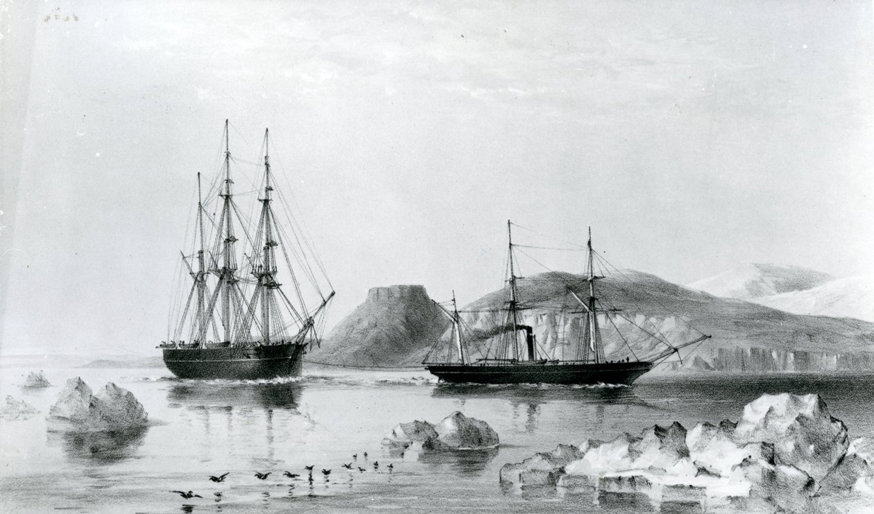 1853年、北ウェリントン海峡でジョン・ハロー・マウントを通過する先駆者のために船を出すHMSアシスタンス（リトグラフ 作： 英語学校
