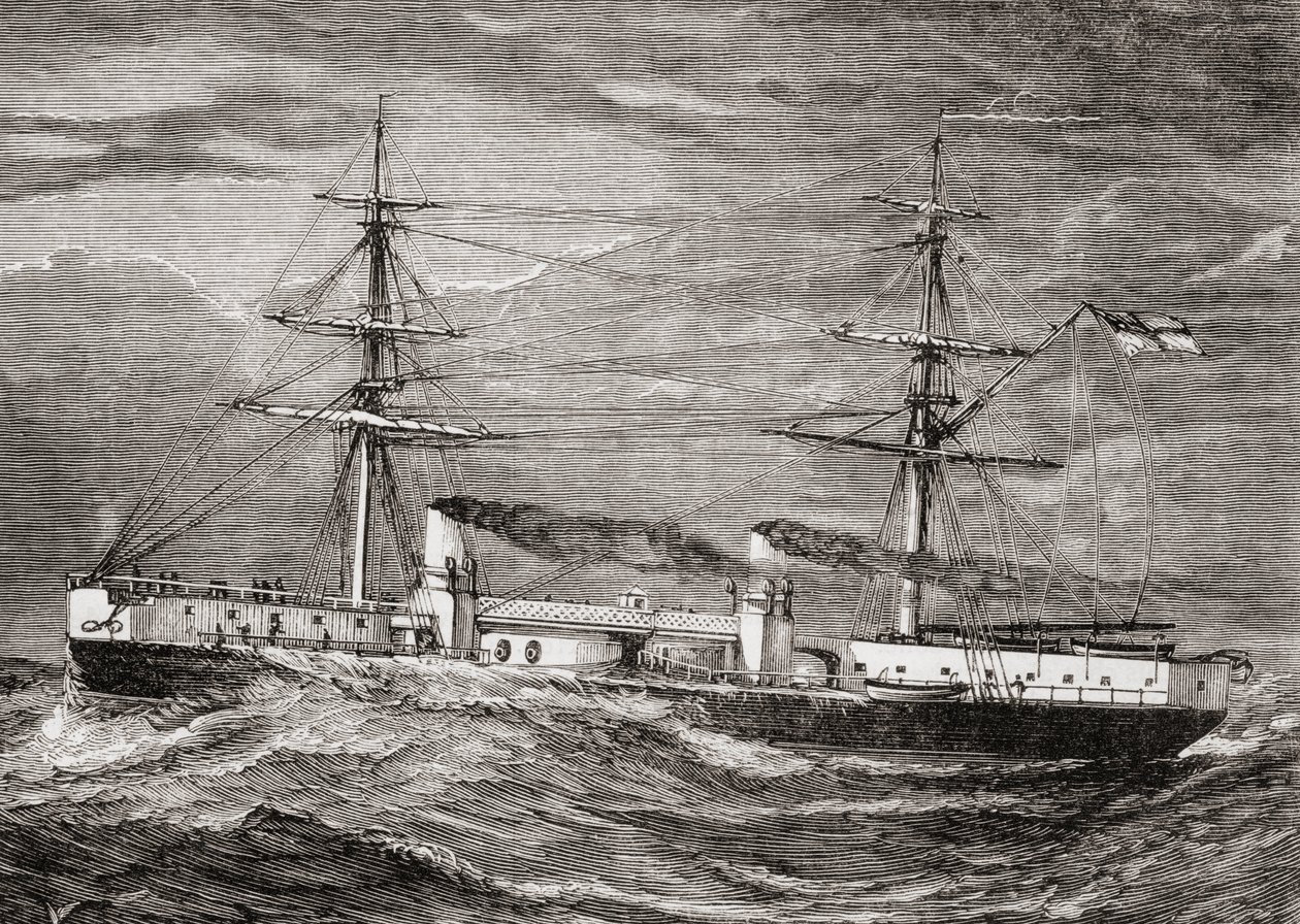 1885年の児童特別奉仕使節から出版された、英国王立海軍のHMS Inflexible、Invincible Class Battlecruiser、「Our Own Magazine」のイラスト 作： 英語学校