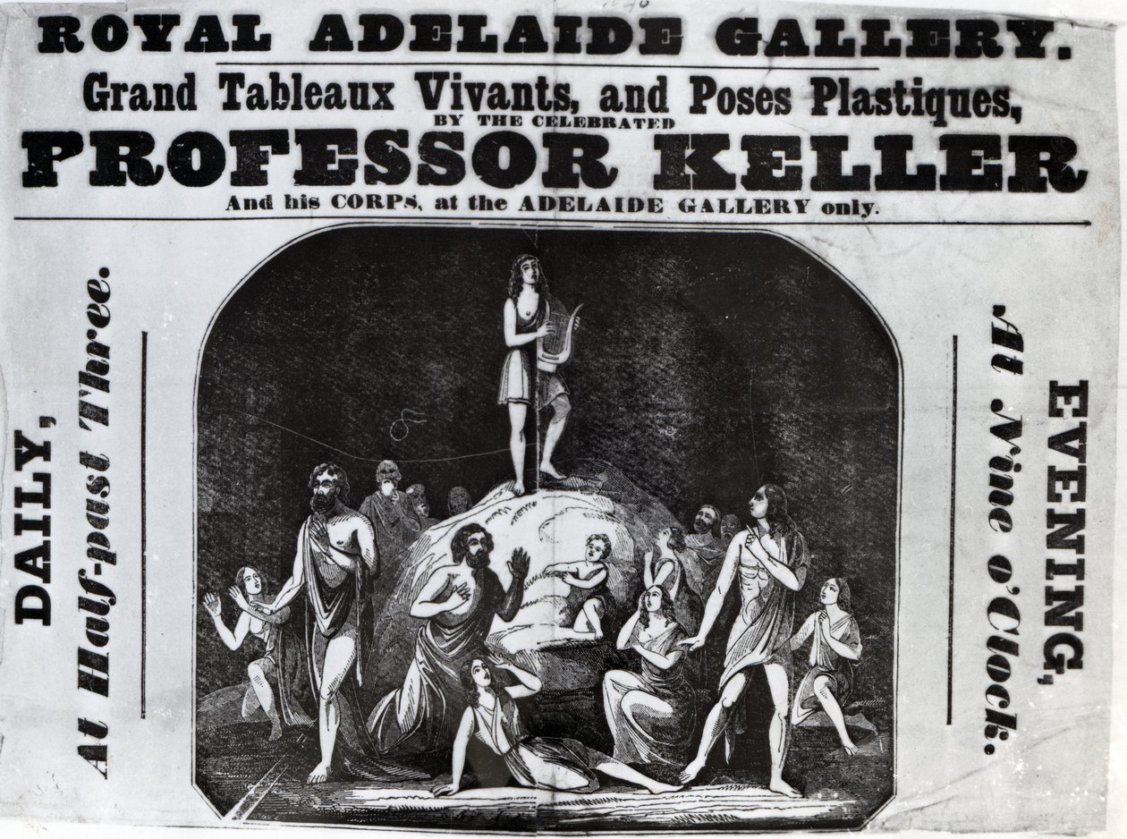 「ケラー教授の大タブローヴィヴァンツ」を宣伝するチラシ、1846年頃（リソ） 作： 英語学校