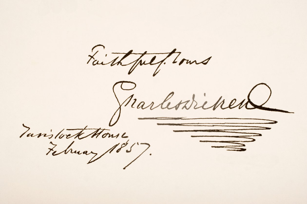 チャールズディケンズの手書きおよび署名、1857 作： 英語学校