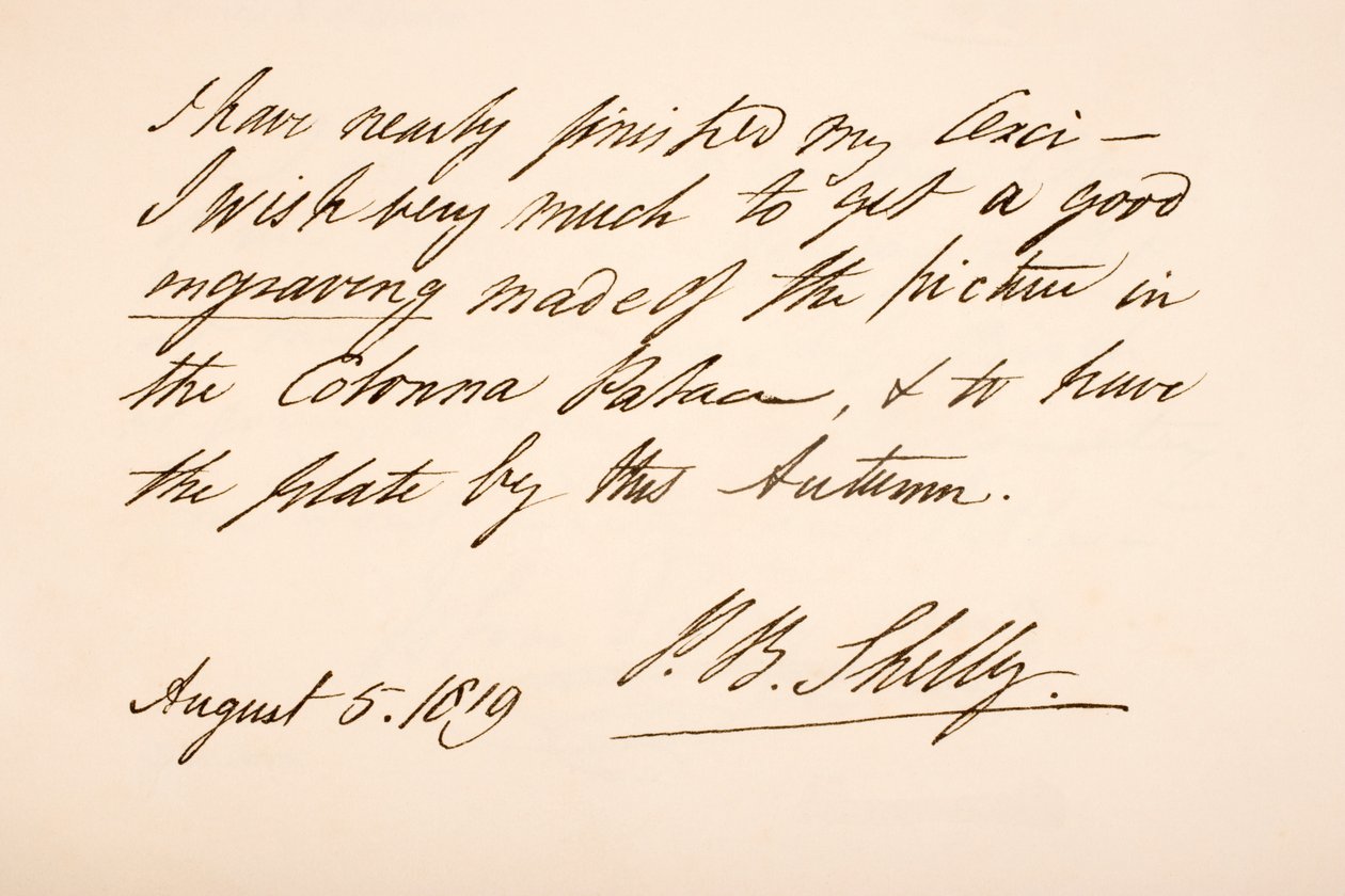1819年、パーシー・ビシェ・シェリーの手書きと署名 作： 英語学校