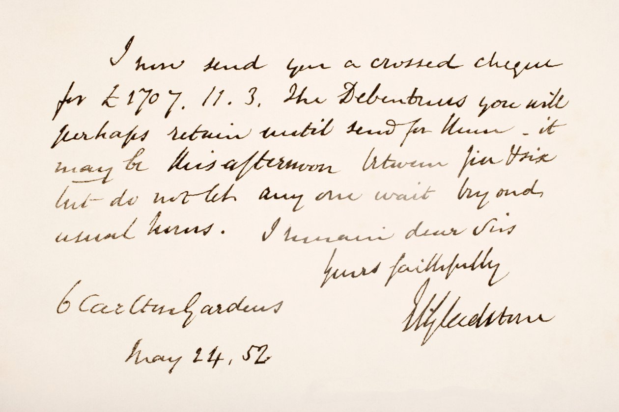 ウィリアムエワードグラッドストーンの手書きおよび署名、1852年 作： 英語学校