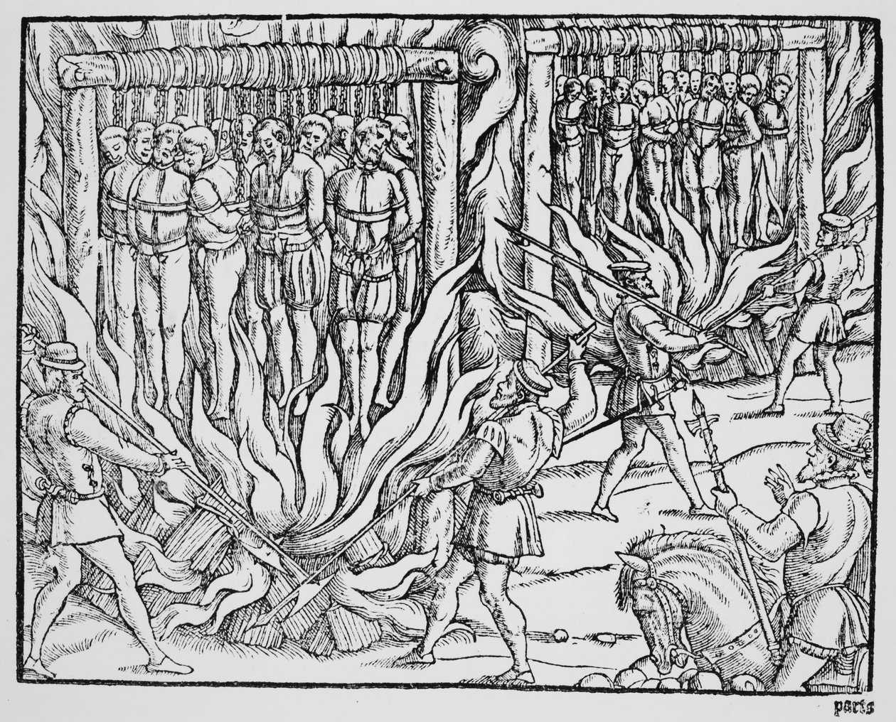 ヘンリー 5 世の治世の最初の年における多様な人々の絞首刑と焼却 (彫刻) 作： 英語学校