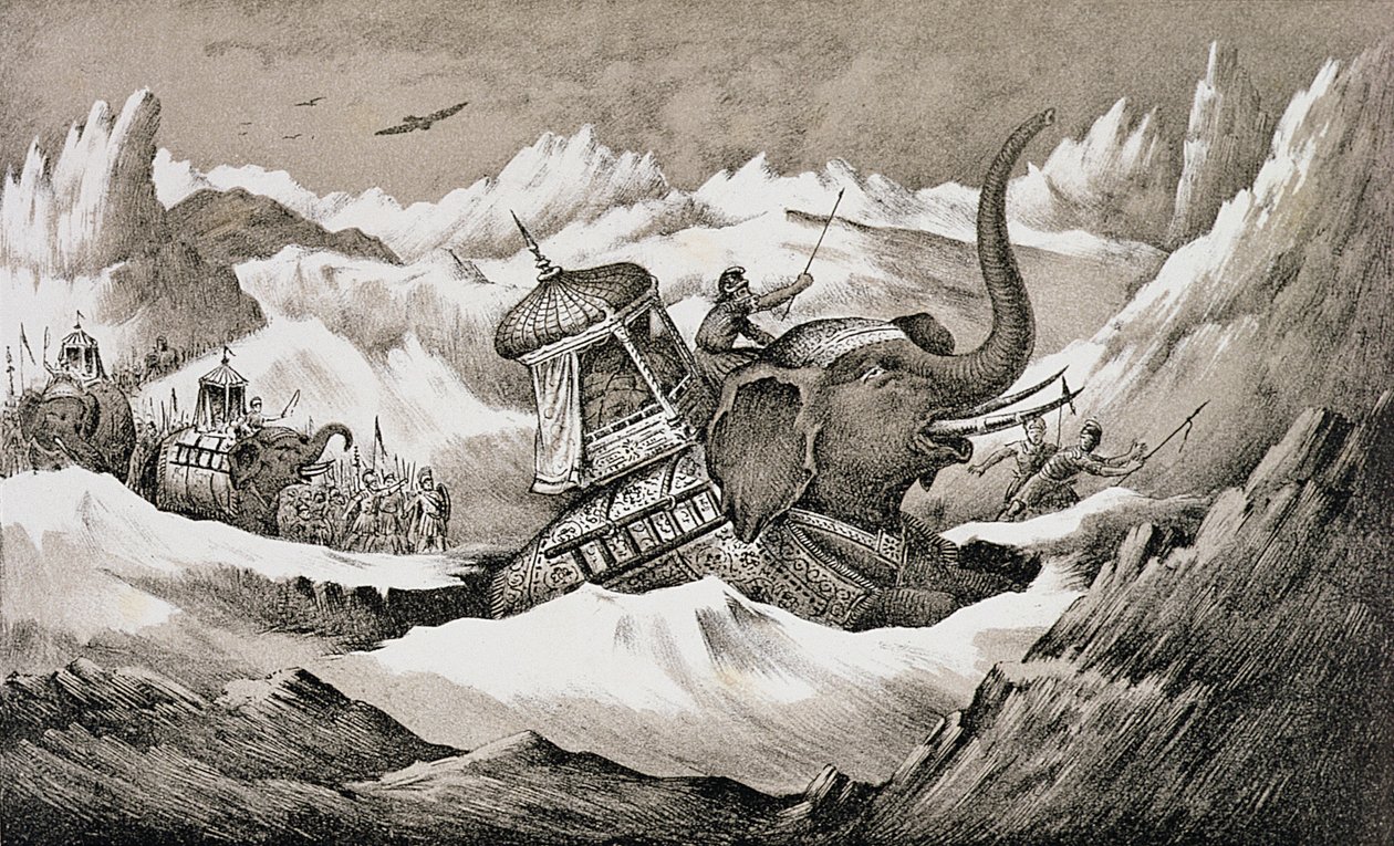 ハンニバル（紀元前247-c.183）とアルプスを横断する彼の戦争の象 作： 英語学校