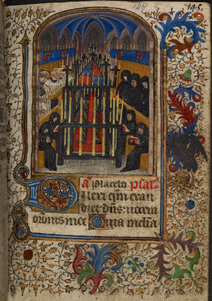 ハーレー 1251、fol.148 「エレノア・ウースターの時間」からのベッドフォード公ジョンの腕で覆われた棺の葬儀、c.1430-40 (ベラム) 作： 英語学校