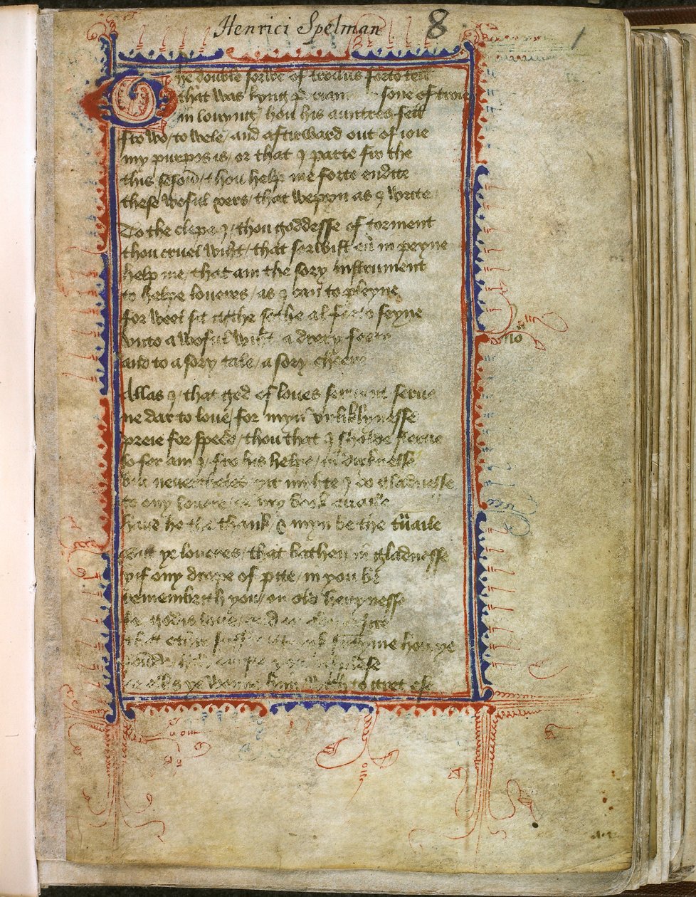 Harley 2392、f.1 Troilus and Criseyde、Geoffrey Chaucer (ベラム) 作： 英語学校