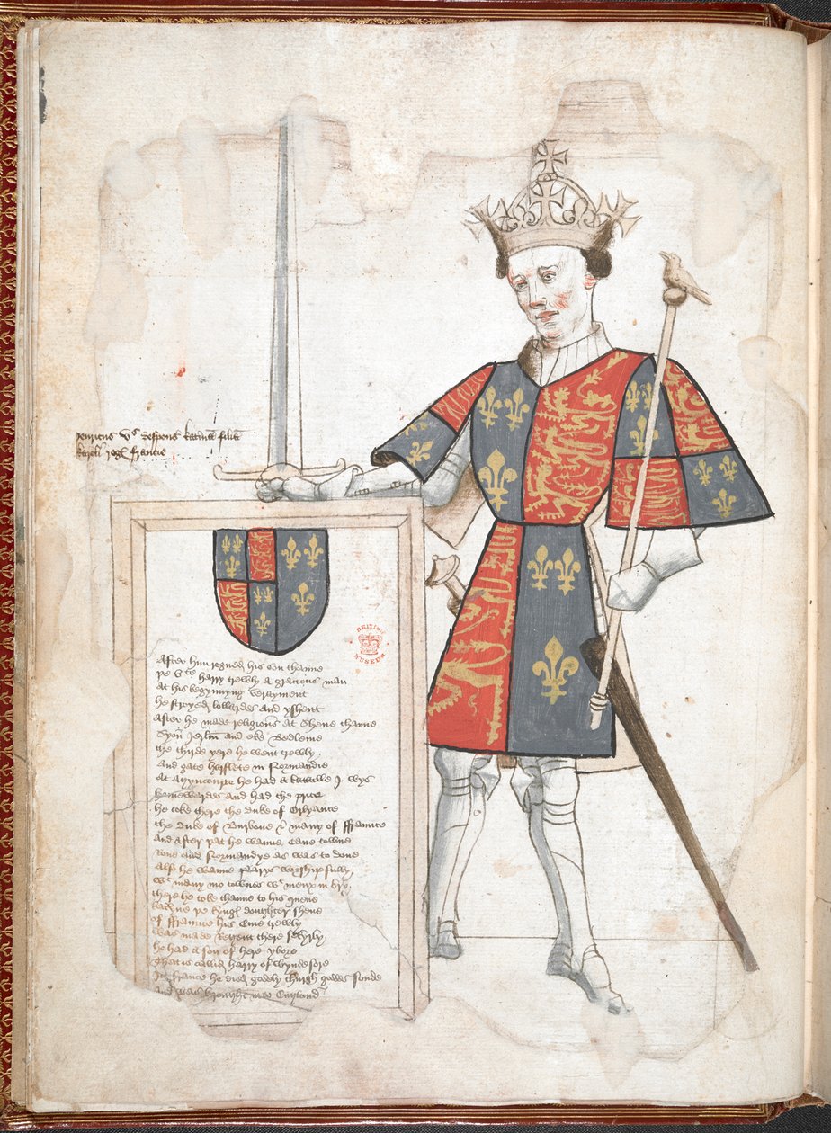 Harley 4205 f.7v An English king in armour and tabard (Henry V) from 