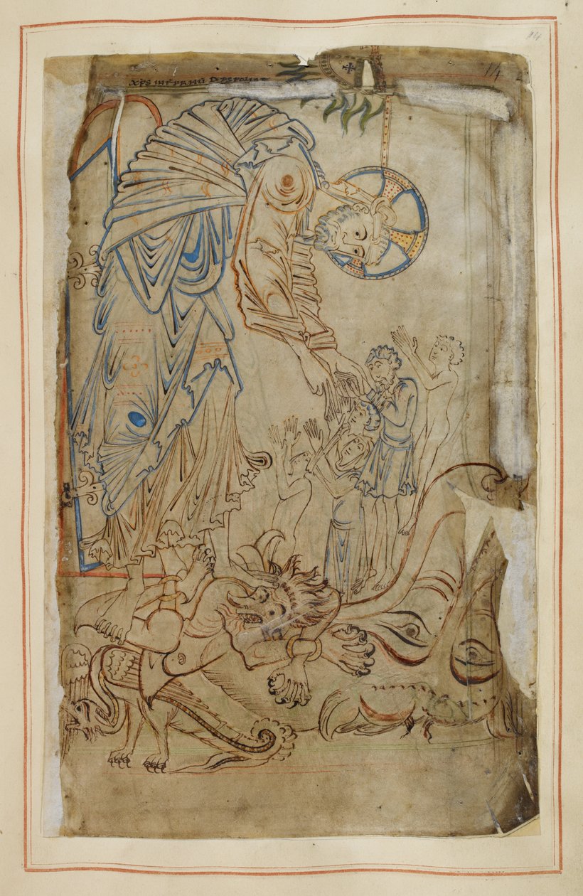ティベリウス詩篇」より "Harrowing of Hell", Cotton MS Tiberius C VI, f.14 , c.1050 (vellum) 作： 英語学校