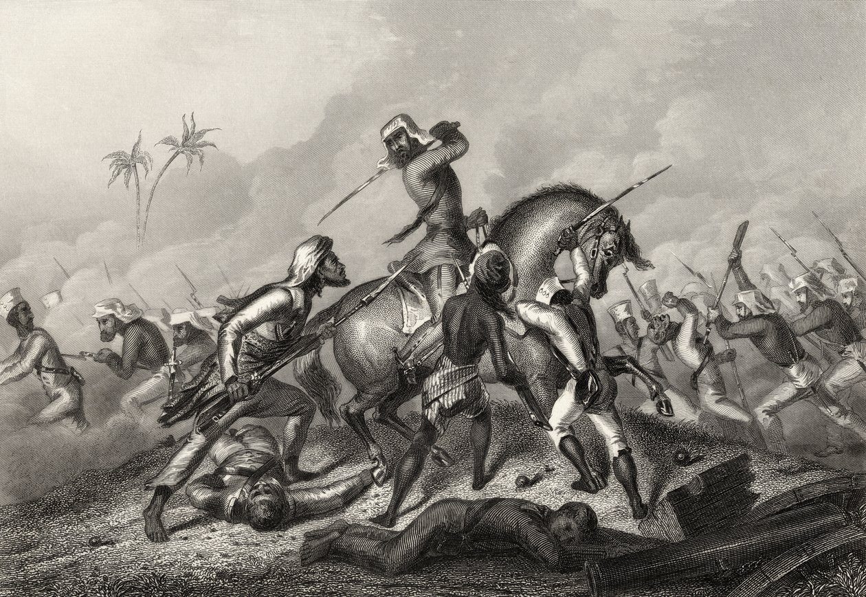 1858年に発表された「インドの反乱の歴史」から、カウポアの前に反逆者を攻撃するハブロック列 作： 英語学校
