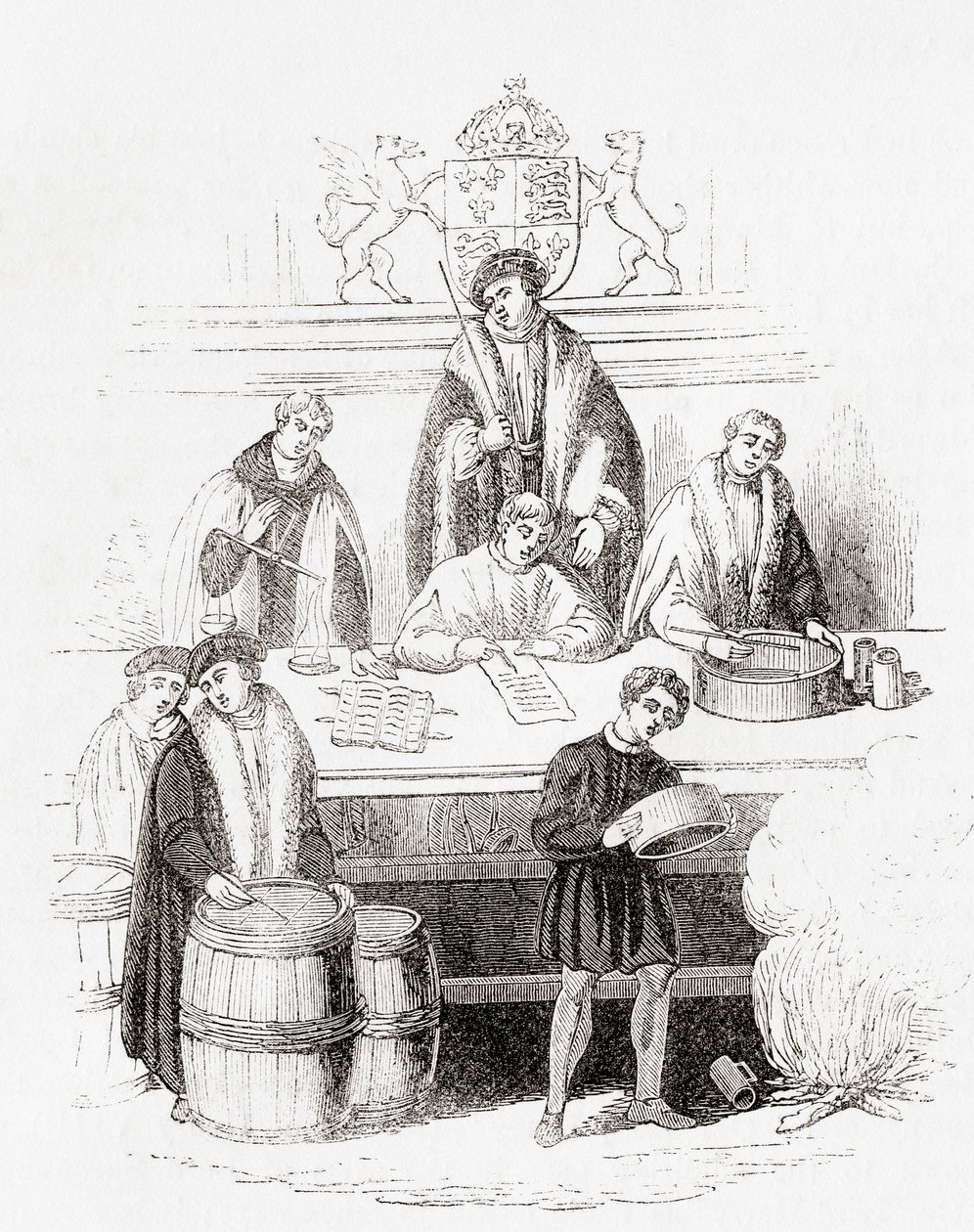 1497 年に財務省で行われたヘンリー 7 世の度量衡の試み、オールド イングランドより: 絵画博物館、パブ。 1847年 作： 英語学校