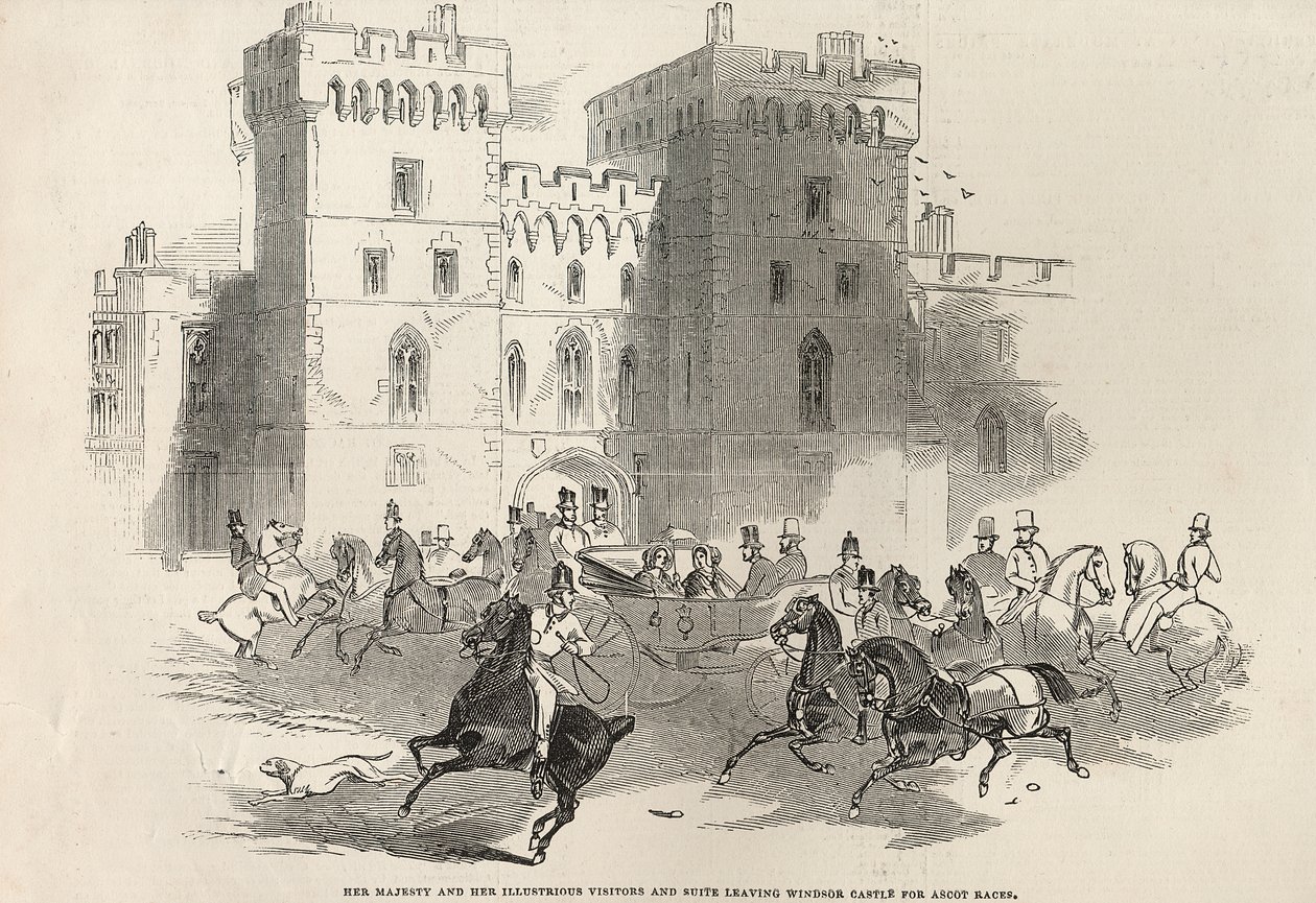 1845年6月14日の「The Illustrated London News」より、女王陛下、アスコットレースのためにウィンザー城を去る輝かしい訪問者とスイート 作： 英語学校