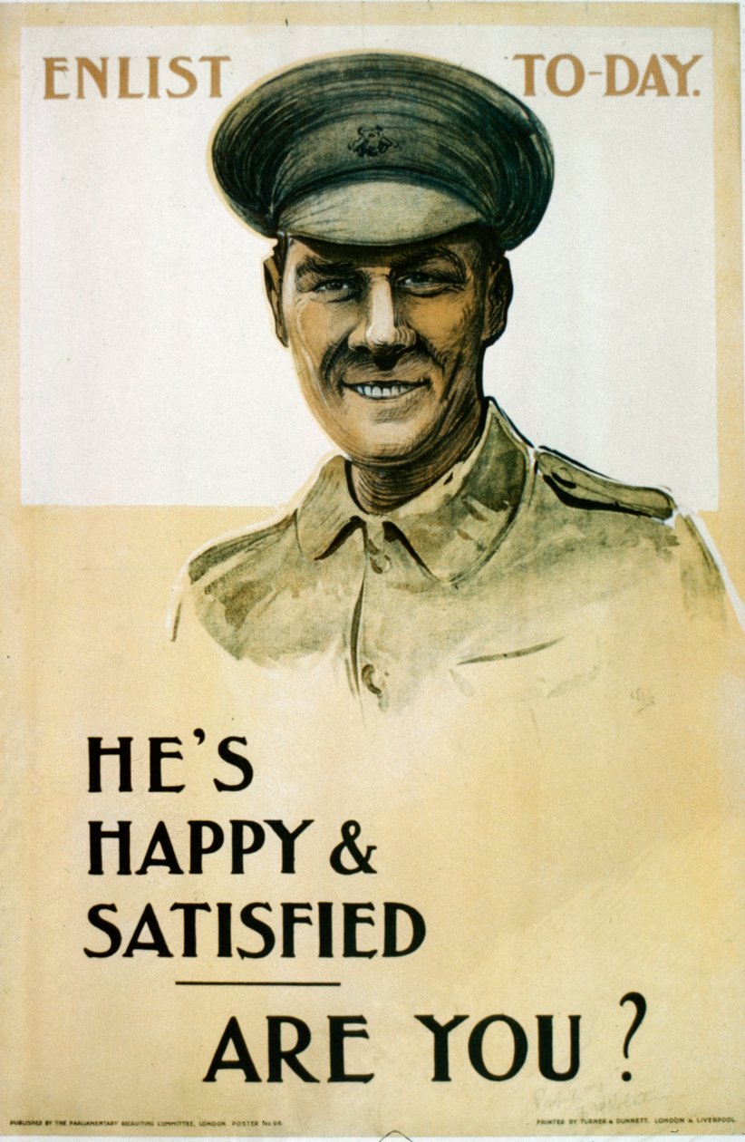 Hes Happy＆Satisfied-Are You 、イギリス第一次世界大戦の募集ポスター、1914-18 作： 英語学校