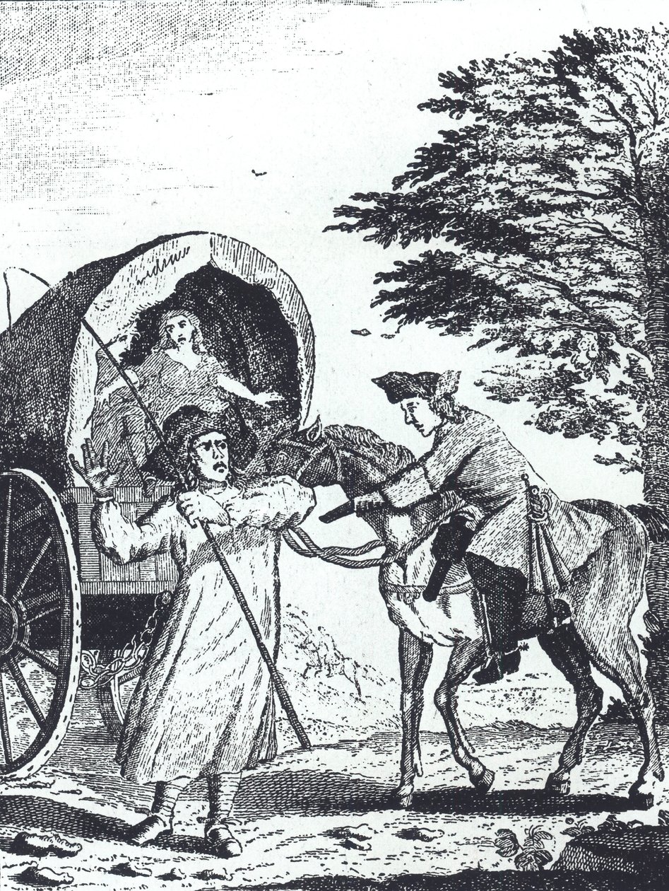 ショットオーバー・ヒルで陸軍の荷馬車を奪うハイウェイマン、ジョン・コッティントン（版画 作： 英語学校