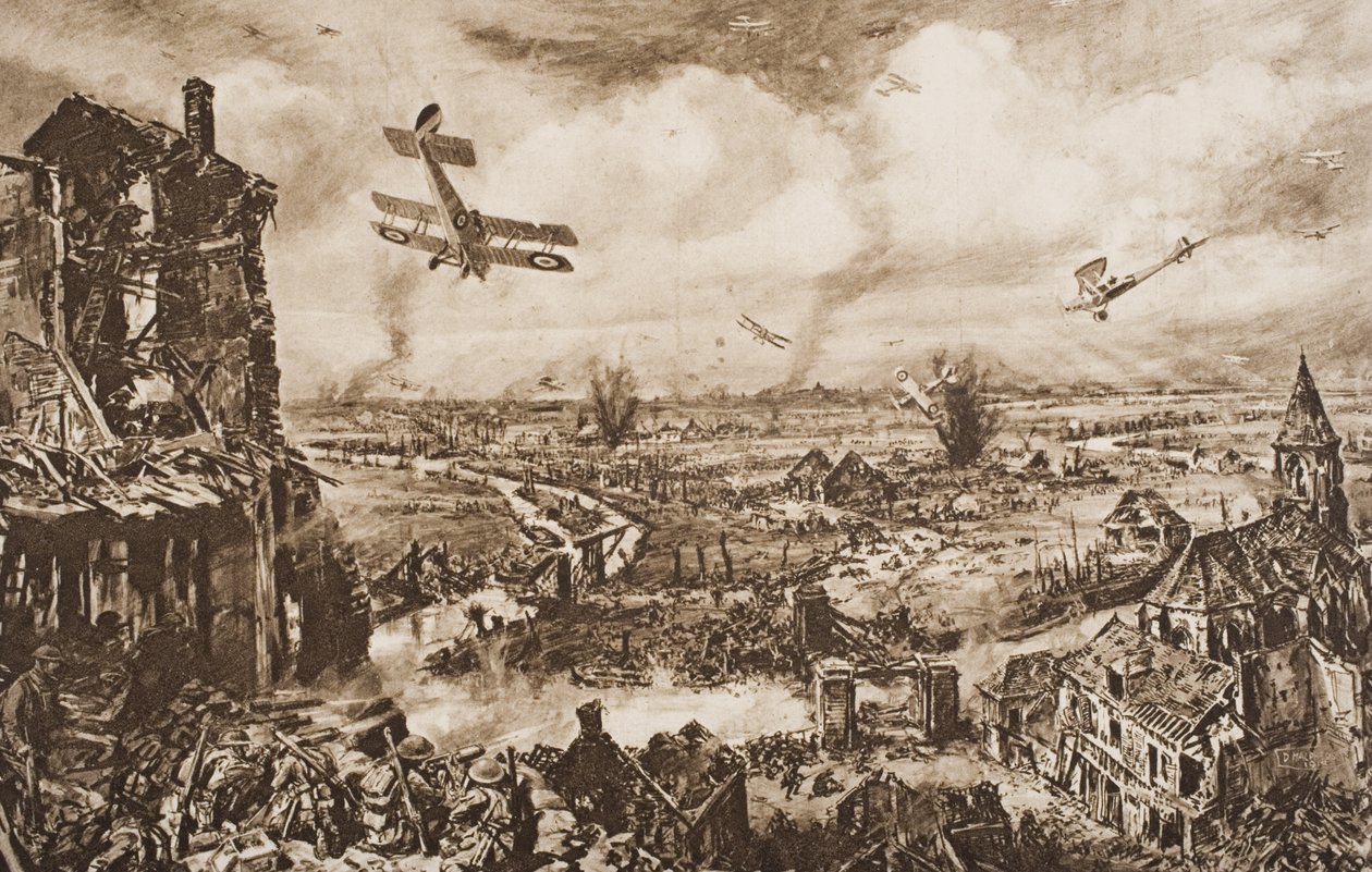 1920年に出版されたHGウェルズの「歴史の概要」第2巻のイラスト「ベルギーのアルメンティエール」のイラスト 作： 英語学校