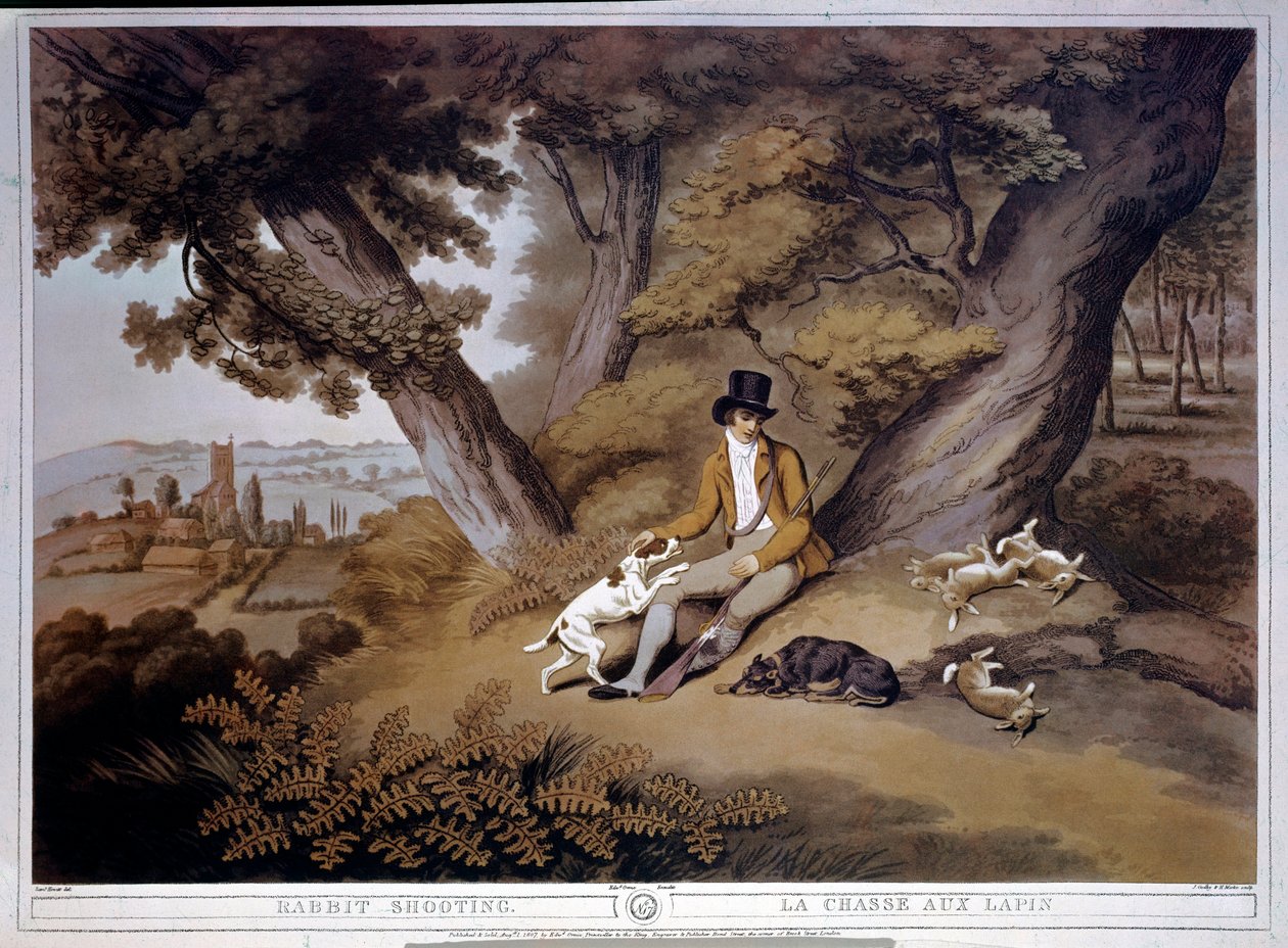 イギリスのウサギ狩り。19世紀のエングレーヴィング。ギエン、狩猟博物館