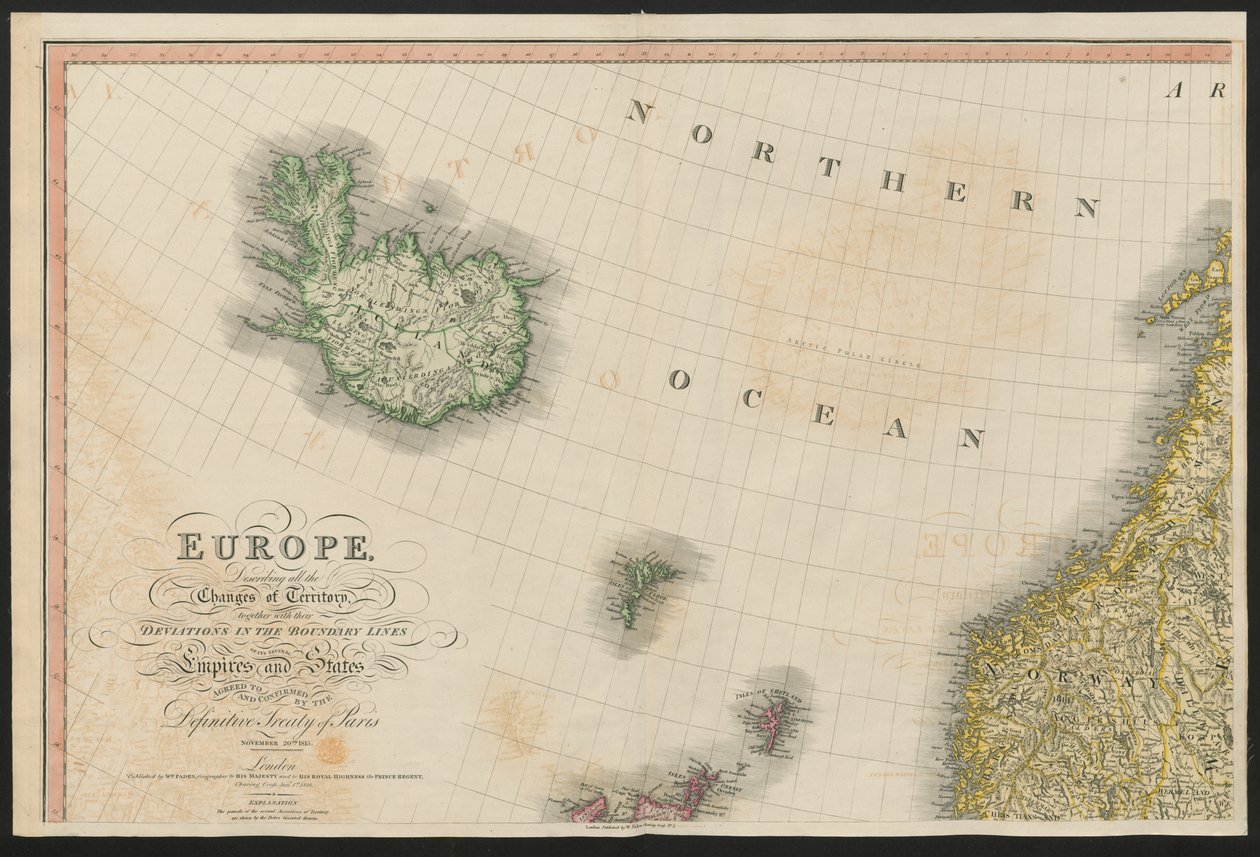 ヨーロッパからのアイスランドとノルウェーは、1815 年 11 月 20 日、1816 年に発行されたパリの最終条約によって合意され、確認されたいくつかの帝国と州の境界線の逸脱とともに、領土のすべての変更を説明しています (コロ 作： 英語学校