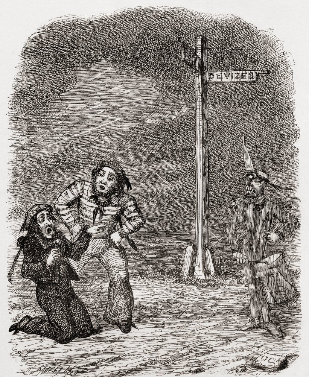 1865年に出版されたThomas Ingoldsbyによる「The Ingoldsby Legends or Mirth and Marvels」の詩「The Dead Drummer」のGeorge Cruikshankによるイラスト 作： 英語学校
