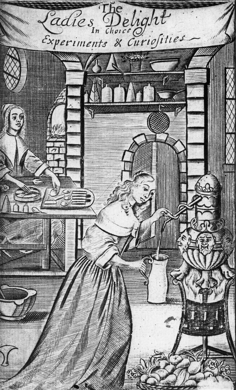 Hannah Woolleyによる「Ladies Delight in Choice実験と好奇心」のイラスト、1672年 作： 英語学校