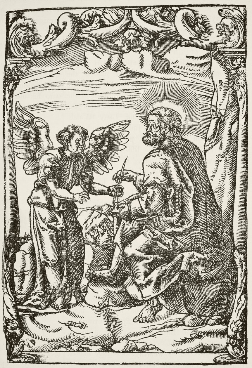 1525年にケルンで出版された、ウィリアムヒックマンスミスアウブによるイングランドの国内および国内史からの、新約聖書のティンダレス最初の英語訳の冒頭からのイラスト 作： 英語学校