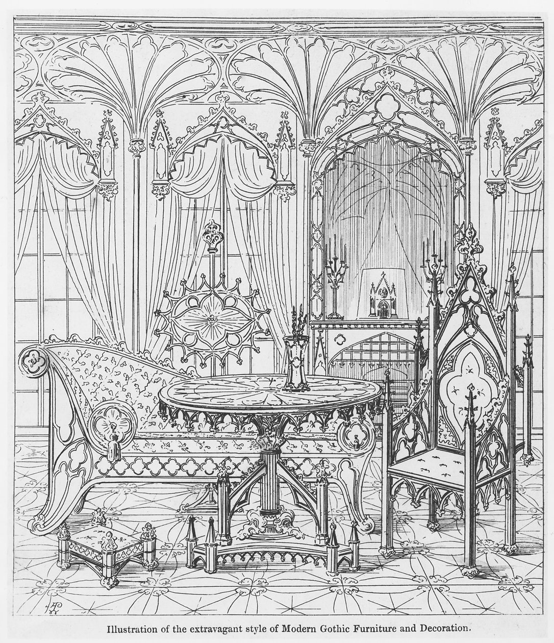 アウグストゥスウェルビーピュージン作（1812-52）による、キリスト教建築の「尖った真の原理」によるモダンなゴシック様式の家具と装飾の贅沢なスタイルのイラスト 作： 英語学校
