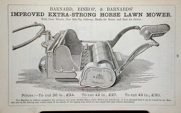 Improved Extra-Strong Horse Lawn Mower、Barnard Bishop & Barnard社発行の園芸カタログのイラスト。 作： 英語学校