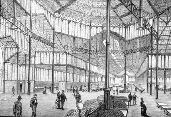 1800年代後半、バルセロナに完成したばかりのボーン・マーケットの内部（エングレービング 作： 英語学校