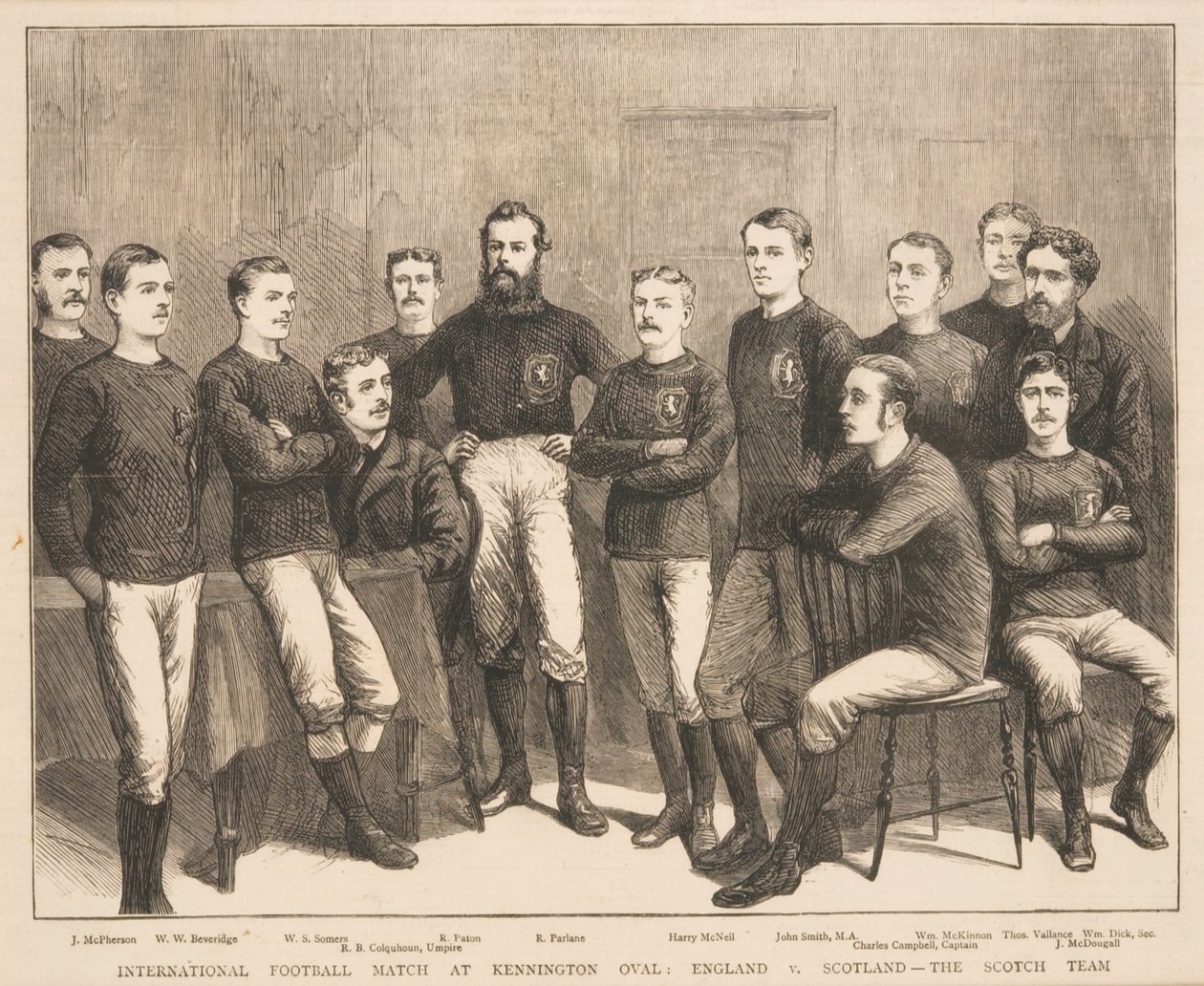 ケニントンオーバルでの国際サッカーの試合：イングランド対スコットランド-1879年のグラフィックのスコッチチーム 作： 英語学校