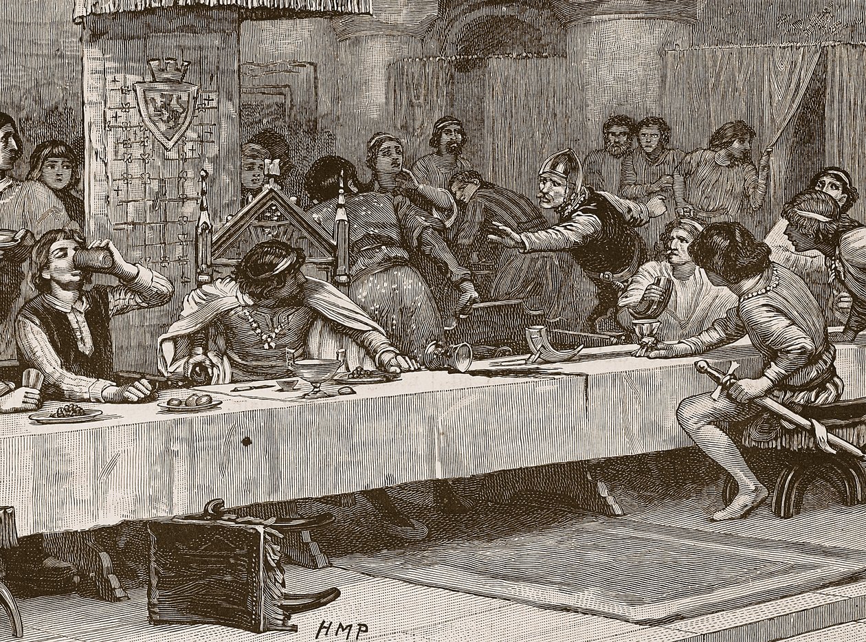 Balliolsのクリスマスディナーの中断、Cassells Illustrated History of England（sepia写真）のイラスト 作： 英語学校