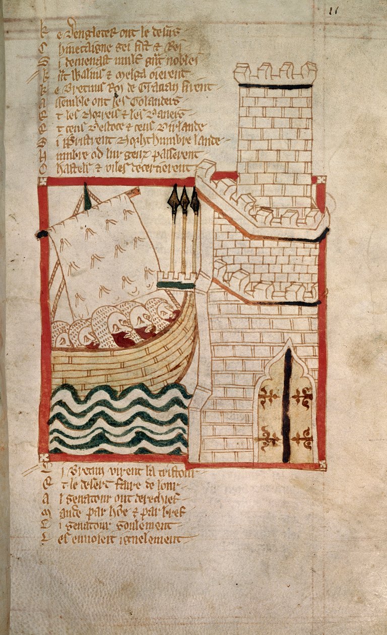 「Roman de Brut」（vellum）の詩クロニクルからのスコットランドとデンマークの侵略 作： 英語学校