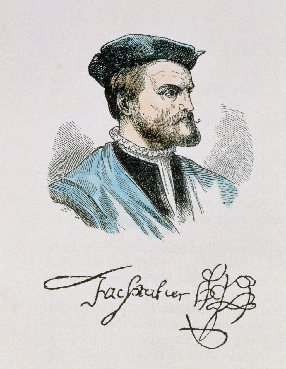 ジャックカルティエ（1491〜1557）の「アメリカの物語と批評の歴史」第4巻、1886年（後の色付け）のイラスト 作： 英語学校