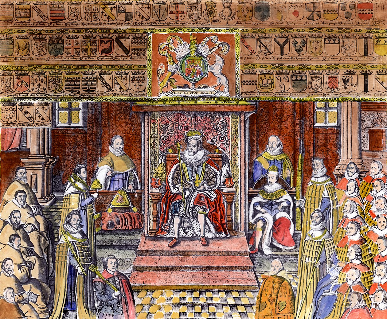 イングランドのジェームズ1世（1566-1625）、法廷、（彫刻）（後の着色） 作： 英語学校